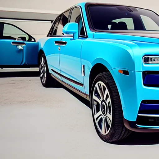 Image similar to Rolls Royce Cullinan, baby blue, black rims, 4k, shot on iPhone