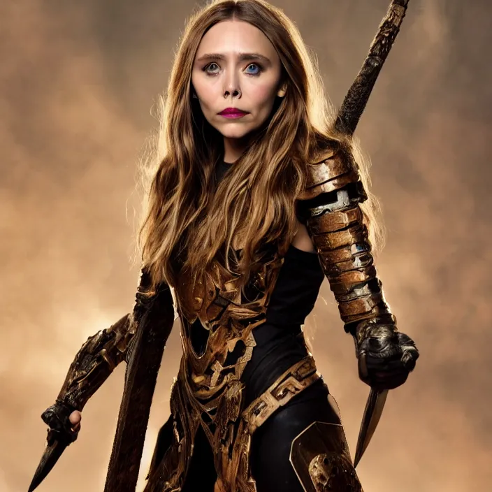 Image similar to full body photograph of elizabeth olsen as a stempunk warrior, Extremely detailed. 8k