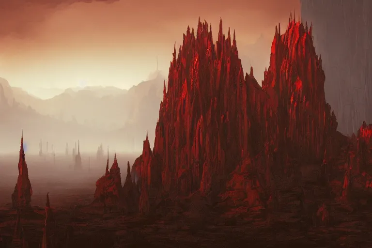 Image similar to dramatic render of a cathedral, gothic architecture, carved of red rock, tall spires, top of a canyon, vultures, concept art by studio ghibli and eddie mendoza, atmospheric, moody, dark, cinematic, volumetric lighting, 8K