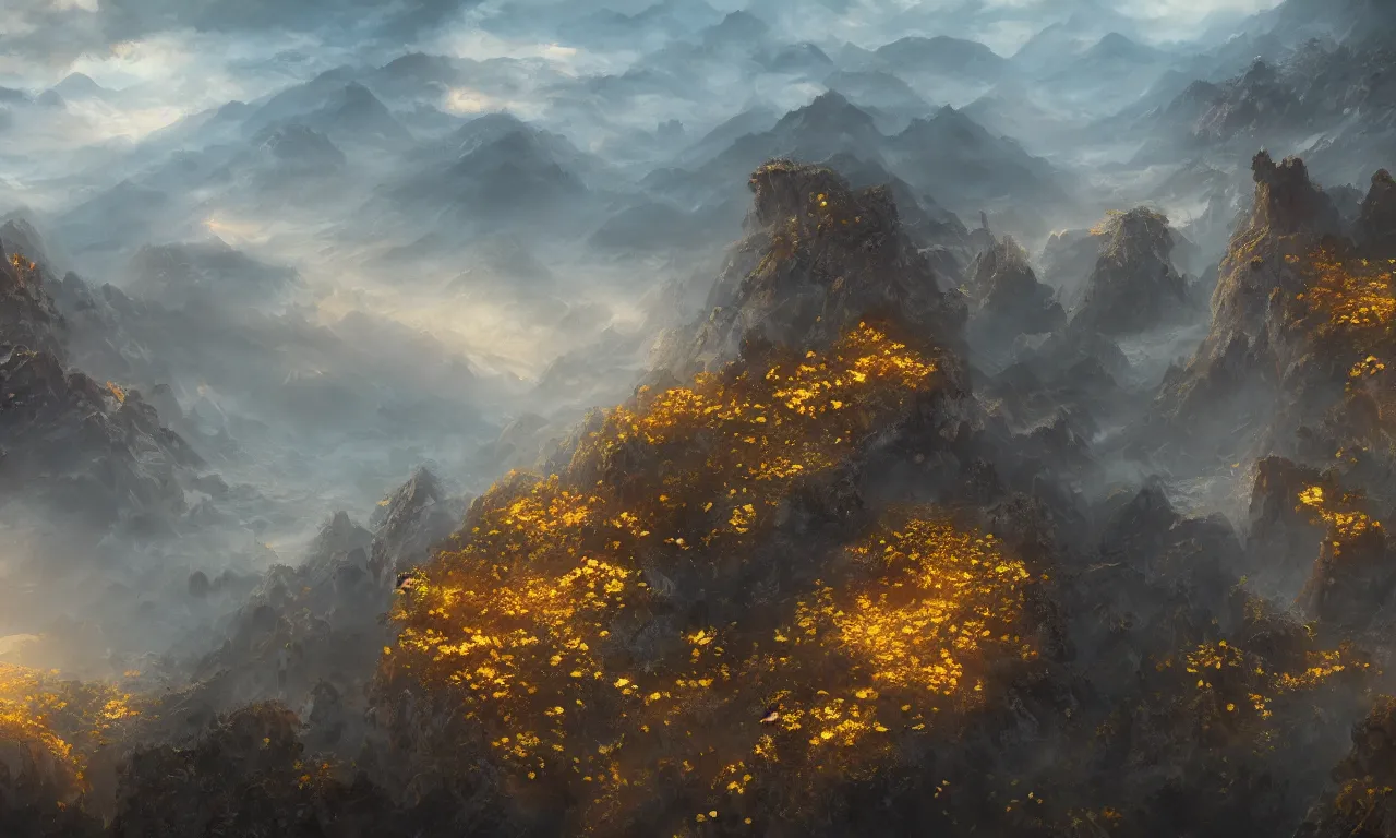 Image similar to breathtaking detailed digital painting of an aerial view of luxurious nature, mountains rocks at dawn with intricate ribbons and golden petals flying, with moody dark tumultuous clouds, by dao trong le, artstation, concept art, matte, 8 k,