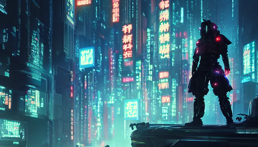 CyberNeon Samurai, city, cyber, cyberpunk, cyberpunk 2077