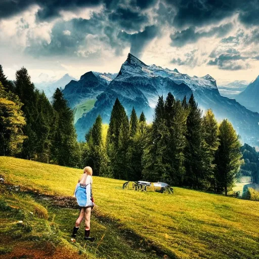 Image similar to a beautiful photograph of a girl with switzerland landscape in the background with trees, hdr, 8 k, high quality, sharp focus, artstation, highly detailed, award - winning, dramatic lighting, beautiful clouds, and nature