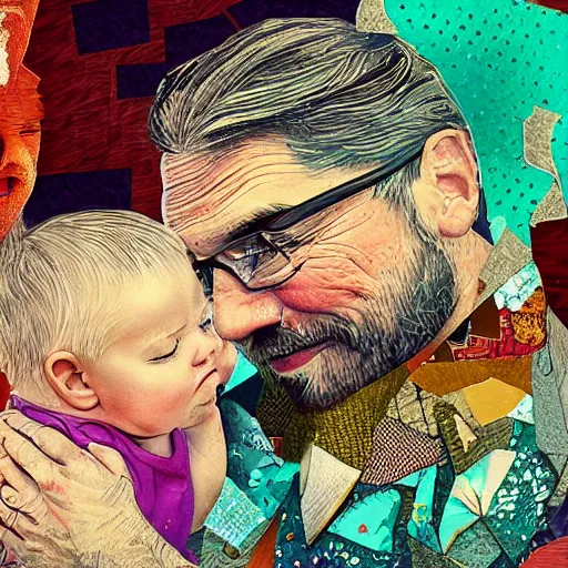 Prompt: hyperdetailed beautiful artistic digital paper collage of a father with a beautiful baby. interesting textures in vibrant tones. maximalist illustration in the style of a mixed media collage. half-lenght. matte background. well done. perfect HD 8x