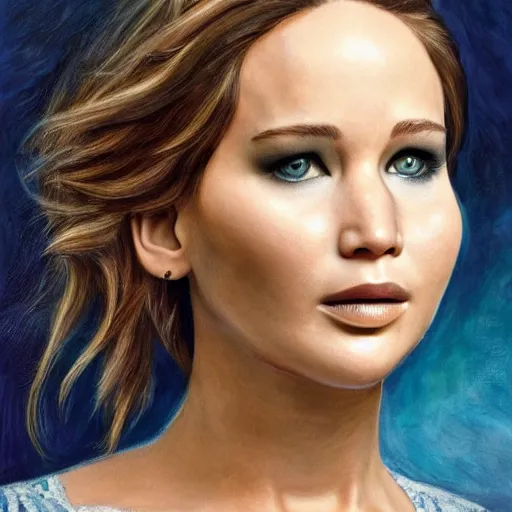 Image similar to Jennifer Lawrence, head and shoulders portrait, extremely detailed masterpiece, one single continues line.