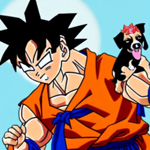 Prompt: figure of goku crying with a dog