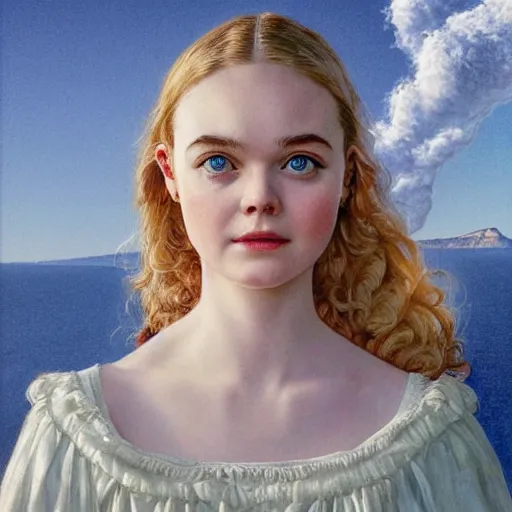 Image similar to Elle Fanning in Santorini at night, head and shoulders portrait, stormy weather, extremely detailed masterpiece, Roger Deakin’s cinematography, illustration, by Norman Rockwell,