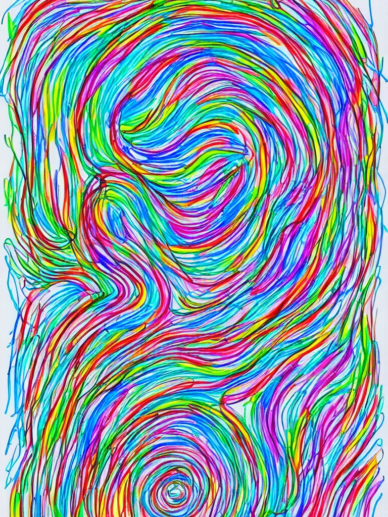 Prompt: sketch single line drawing with burst of color acorn that turns into a tree and creates a treble clef dividing line through the center vertical, color bursts when crossing center line to either side