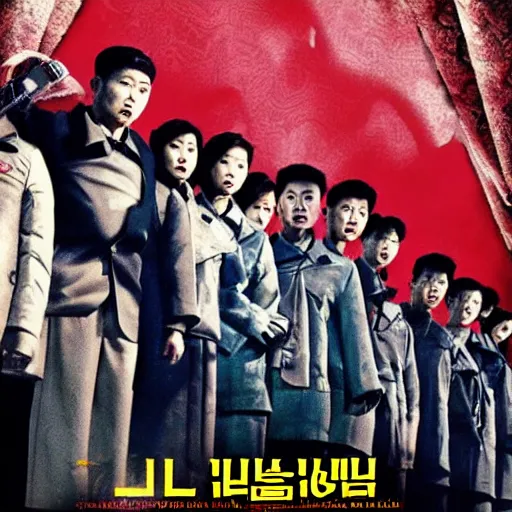 Image similar to low resolution filmstill of a north Korean thriller in the style of Tsui Hark and Ishirō Honda