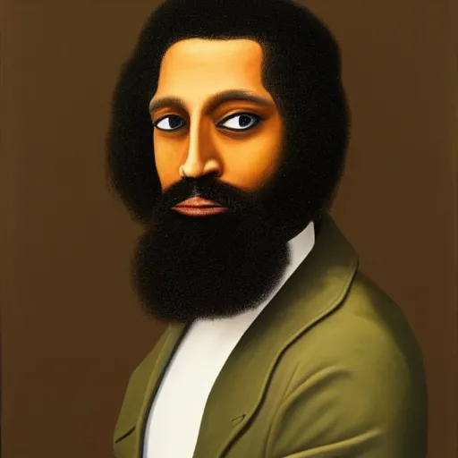 Prompt: a painting of a man with long hair and a beard, a character portrait by barkley hendricks, featured on deviantart, neo - primitivism, art, oil on canvas, masterpiece
