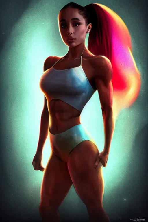 Image similar to body builder ariana grande, in the style of johan grenier and john picacio and alan m. clark, trending on artstation, bioluminescence tilt - shift blade runner 2 0 4 9, crayon art, futuresynth, splash art, post - minimalism