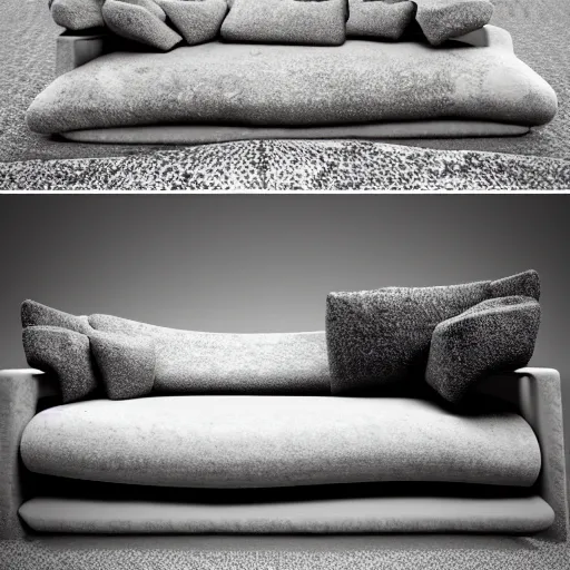 Prompt: a sofa made of rocks, comfy yet affordable, render, hyper realistic, dramatic scene