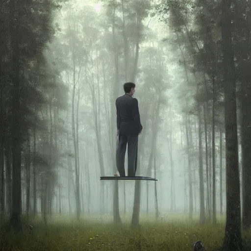 Image similar to detailed oil painting, hyper realistic | digital art, award winning | the businessman floats eerily in the misty forest, uneasy | by roberto ferri, by gustav klimt, by william waterhouse and tom bagshaw | trending on artstation, cgsociety, official art, octane, digitsl painting.