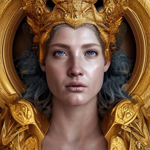 Image similar to hyperrealistic mixed media painting of beautiful goddess Athena, stunning 3d render inspired art by P. Craig Russell and Barry Windsor-Smith, perfect facial symmetry, dim volumetric lighting, 8k octane beautifully detailed render, post-processing, portrait, extremely hyper-detailed, intricate, epic composition, cinematic lighting, masterpiece, trending on artstation, very very detailed, masterpiece, stunning