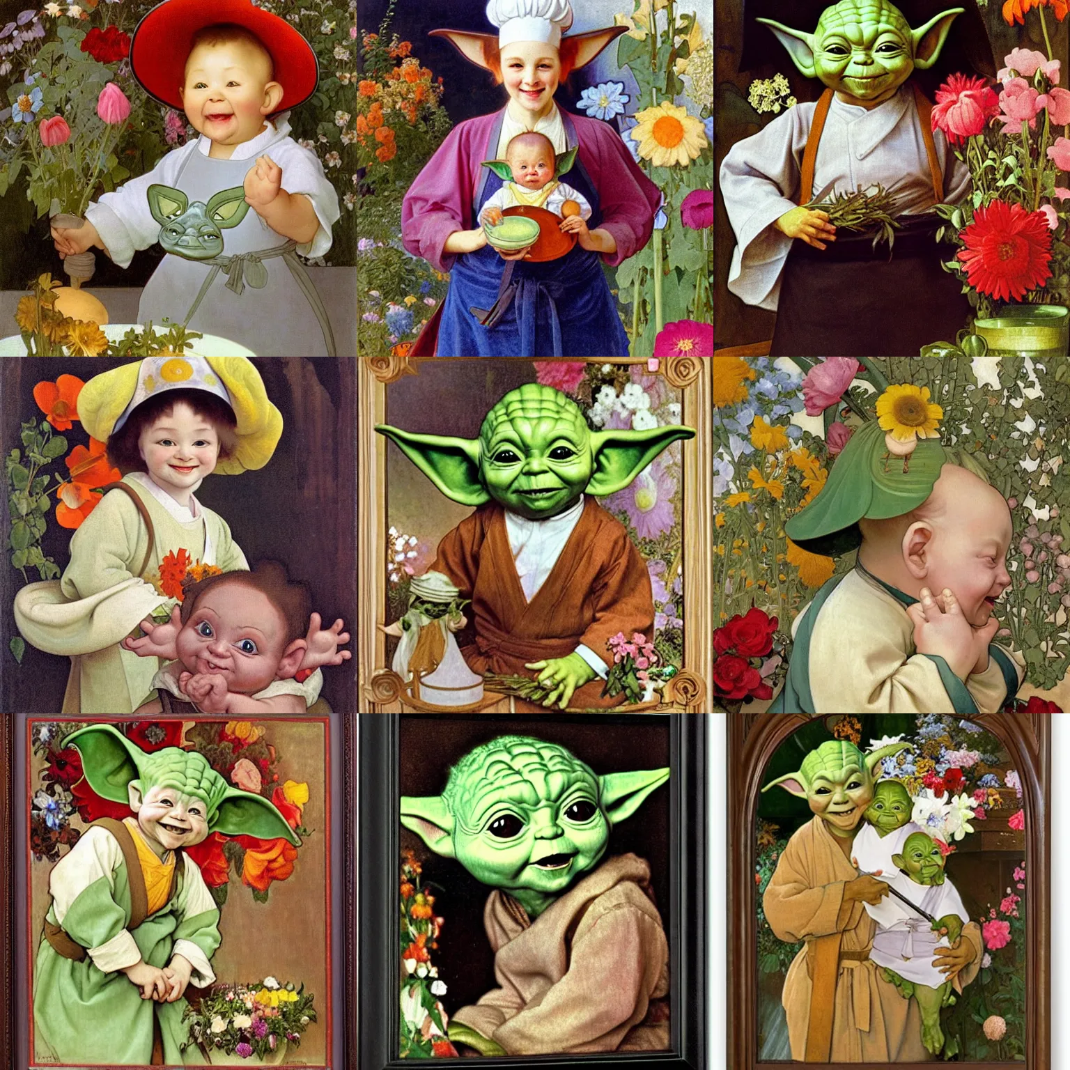 Prompt: smiling baby yoda in an apron and chef's hat, surrounded by flowers, by Jan van Eyck, by alphonse mucha