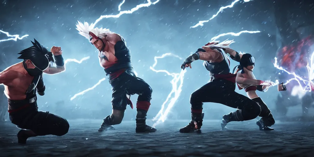 Image similar to kakashi with chidori and thor using lighting, fighting in mortal kombat style, unreal 5, hyperrealistic, realistic, photorealistic, dynamic lighting, highly detailed, cinematic landscape, studio landscape, studio lighting