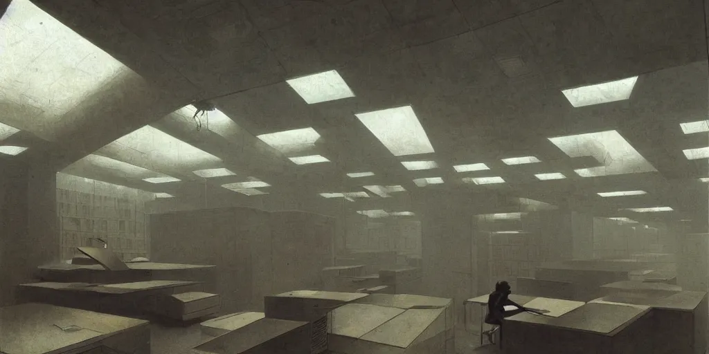 Prompt: a dystopian office interior with huge holographic displays everywhere, beksinski and syd mead cinematic matte painting