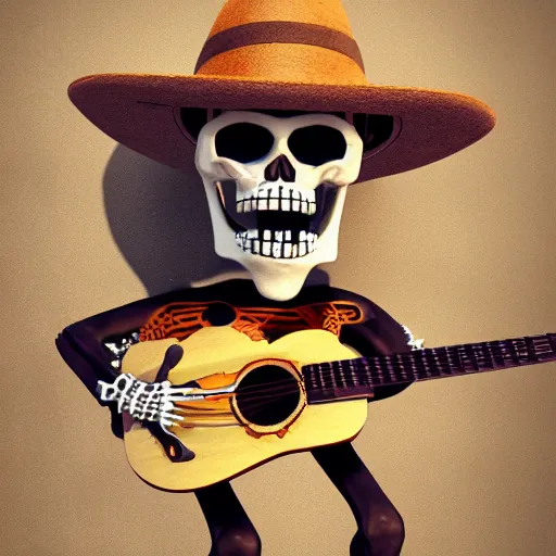 Prompt: A skeleton with a devil face wearing a hat playing a guitar, hyper realistic, highly detailed, octane render. - n 6