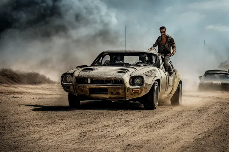 Image similar to Brian O'Connor driving his GTR in the theme of Mad Max Fury Road, XF IQ4, 150MP, 50mm, F1.4, ISO 200, 1/160s, natural light, Adobe Photoshop, Adobe Lightroom, photolab, Affinity Photo, PhotoDirector 365