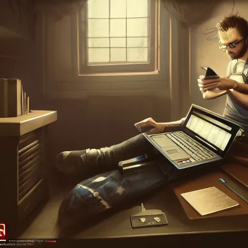 Image similar to realistic man using laptop in gaming room, artstation trends, sci fi concept art, highly detailed, intricate, sharp focus, digital art, 8 k