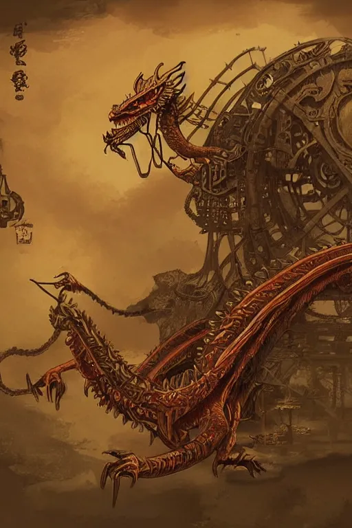 Image similar to illustration, live dragon, old sick gold and crimsoned scaled asian style dragon on a victorian plank of machinery with wires and gears and steam punk apparatus, matte painting, style of studio ghibli, concept art, featured in artstation and artgerm and pixiv, award winning, cinematic, 8 k