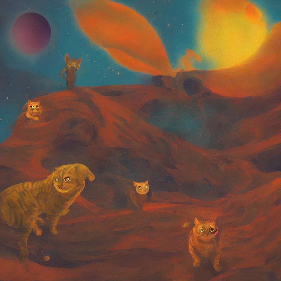 Image similar to a surreal landscape of a frightened giant cat chased by ghosts in a vast desert lit by two scary moons, deeply texural, saturated color scheme