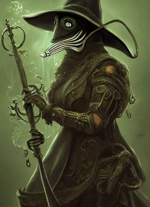 Image similar to a highly detailed illustration of plague doctor mask wearing woman, wielding scythe, surrounded by green mist background, intricate, elegant, highly detailed, centered, digital painting, artstation, concept art, smooth, sharp focus, league of legends concept art, WLOP