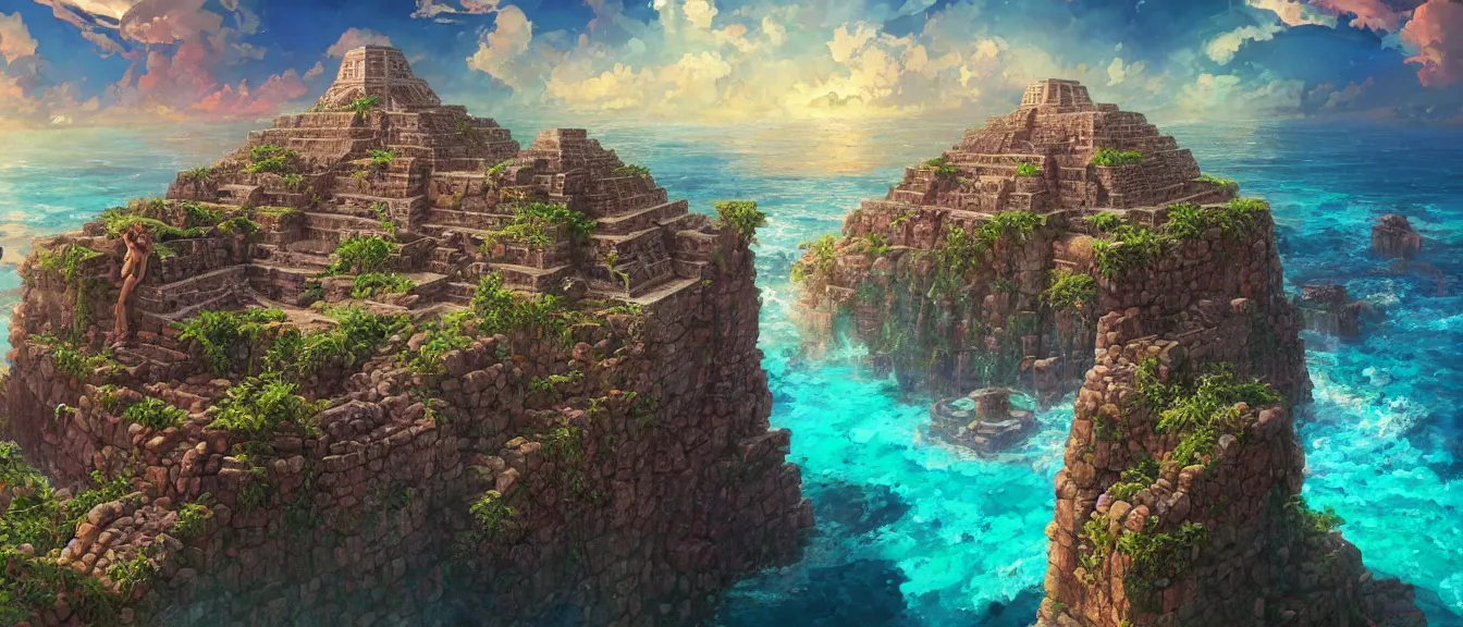 Image similar to dystopian mayan ruins on a colorful ocean, unreal engine, fantasy art by greg, loish, rhads, ferdinand knab, makoto shinkai, lois van baarle, ilya kuvshinov, rossdraws, tom bagshaw, global illumination, radiant light, highly detailed and intricate environment, isometric, trending onstudio ghibli, octane render, 8 k