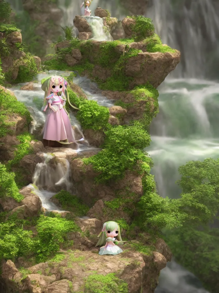 Image similar to cute fumo plush of a princess girl in a tower on a tiny island with a long flowing waterfall, floating island, vignette, vray