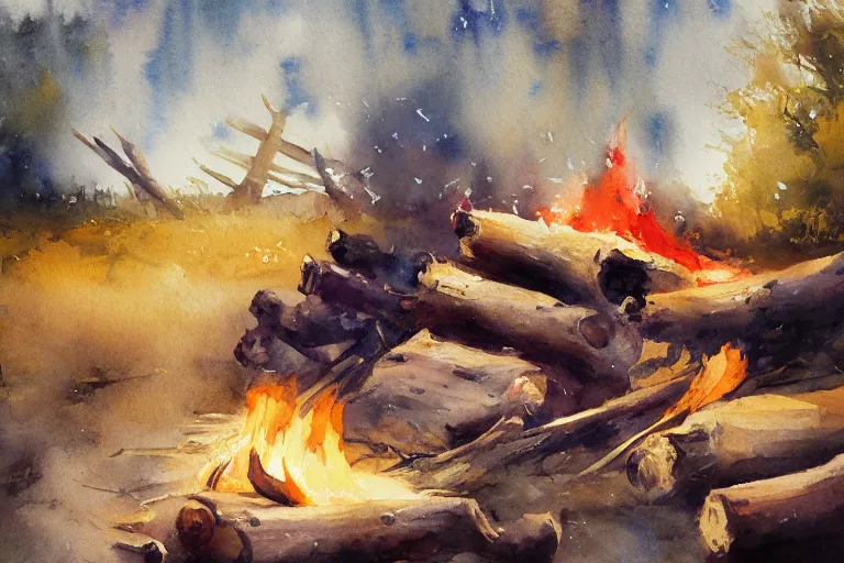 Prompt: small centered on watercolor paper, paint brush strokes, abstract watercolor painting of faraway campfire smoke, smoking bonfire, trunks and logs, sticks, cinematic light, american romanticism by hans dahl, by jesper ejsing, by anders zorn, by greg rutkowski, by greg manchess, by tyler edlin