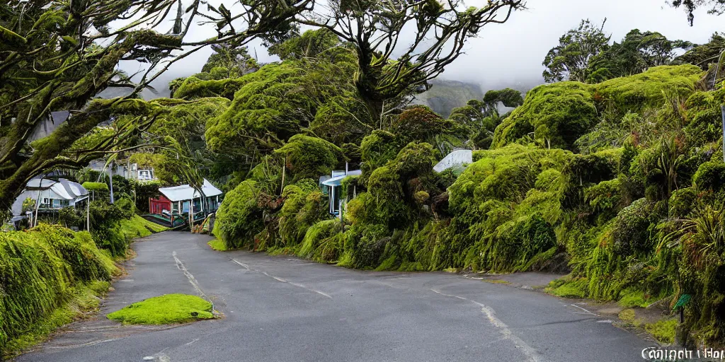 Image similar to a street in khandallah, wellington, new zealand lined by new zealand remnant ancient montane forest. podocarp, rimu, kahikatea, mountain cabbage trees, moss, vines, epiphytes, birds. windy rainy day. people walking in raincoats. 1 9 0 0's colonial cottages. harbour in the distance.