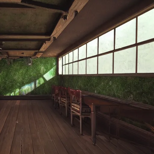 Image similar to inside a victorian dining room roof is damaged and moss is growing on the erroded walls sunlight shines through the windows and produces rays of light in the dust ray traced unreal 5, ultra details