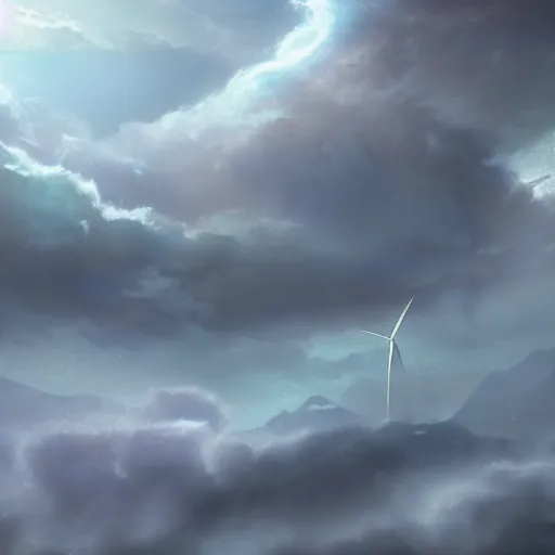 Image similar to beautiful goddess of wind aloft in a storm cloud, 8k resolution matte fantasy painting, moody cinematic lighting, DeviantArt Artstation, by Ross Tran