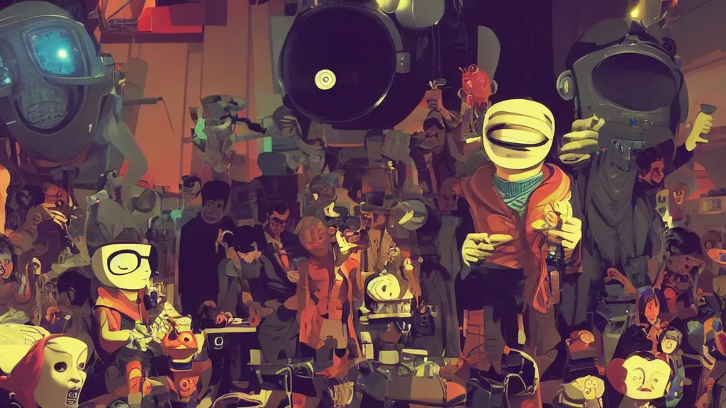 Prompt: happy drunk hacker at a party in a vr mask in a scifi movie, retrofuturism, by jamie hewlett, nuri iyem, james gurney, james jean, greg rutkowski, anato finnstark. pixar. hyper detailed, 5 0 mm, perfect faces