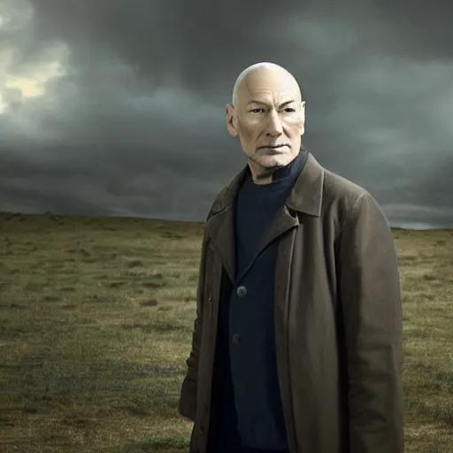 Image similar to doctor who played by Patrick Stewart, cinematic photo, distance shot,