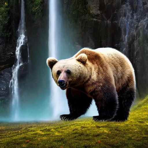 Prompt: [Robot chasing bear { eyes(cute huge + luminous), view(full body + zoomed out), background(solid), pose(arms up + happy), holding(stick), bear(scared + running away), waterfall(beautiful + lushious + large)}]