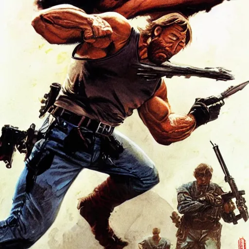 Prompt: cinematic action shot freeze frame portrait of Chuck Norris using another Chuck Norris as a weapon to fight evil by greg rutkowski and frank frazetta and peter mohrbacher and marc silvestri