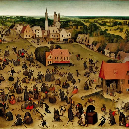 Image similar to the busy world of richard scary in the style of pieter bruegel the elder
