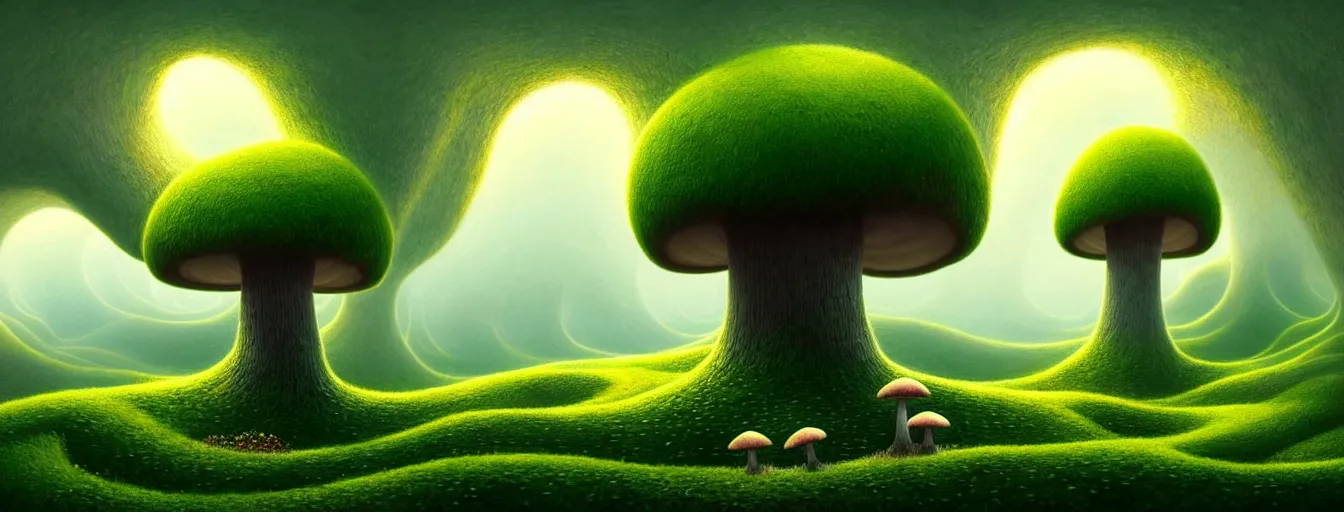 Image similar to gediminas pranckevicius holes everywhere, beautiful and stunning professional digital artwork of a glowing mushroom cave, haze, spores floating in the air, vines, water, volumetric lighting, hyperrealistic, rtx on, ultra detail, barlowe wayne, maxfield parrish and marco mazzoni, miniature | no signature!