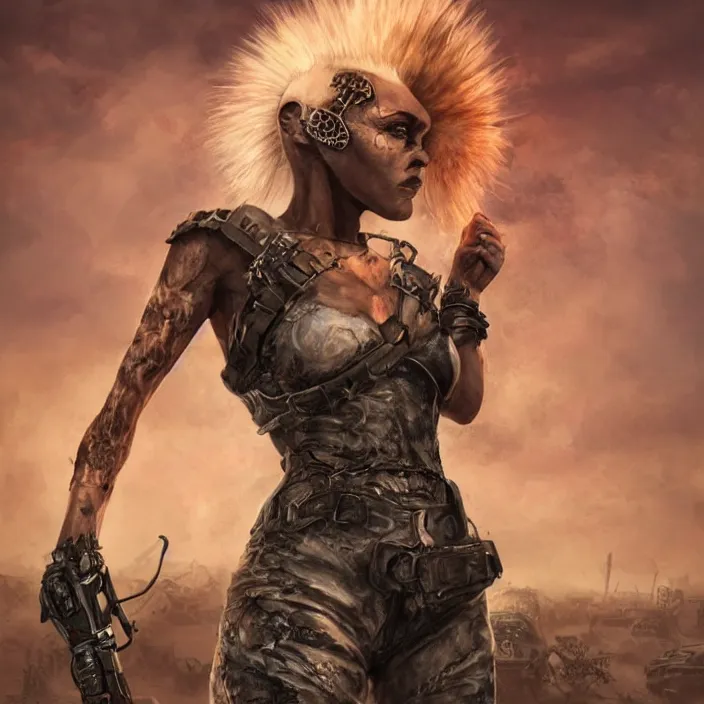 Prompt: beautiful apocalyptic woman with mohawk, standing on mad max panzer tank, hyper-detailed, smooth, sharp focus, 4k ultra hd, fantasy dark art, tank girl, artgerm, artstation, octane render, elegant, detailed digital painting, apocalyptic art, Francis bacon, unreal engine, depth map