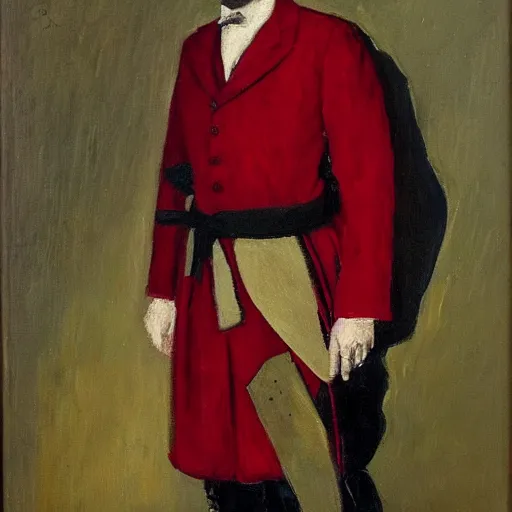 Image similar to the honorable duke, a 5 0 year old man in traditional german noble attire, red and white belt on top of his suit, oil on canvas, 1 9 0 5