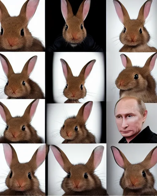 Prompt: headshots of vladimir putin sitting in a makeup chair wearing highly detailed rabbit prosthetic makeup in the style of rick baker, vladimir has long rabbit ears, rabbit fur, rabbit snout, studio lighting, soft focus