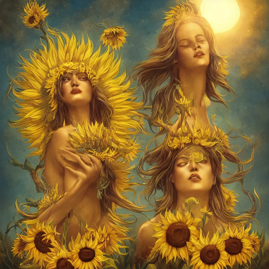 Image similar to The goddess of sunflower wearing an helianthus golden crown and presiding over the rays of the sun, by Anato Finnstark, Tom Bagshaw, Brom