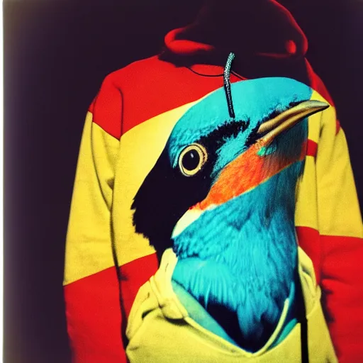 Prompt: medium-shot neat polaroid photo of a bird in a hoodie, 80s, colour, by Andy Warhol