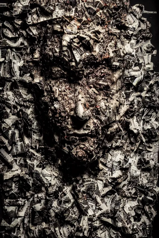 Image similar to a dark high quality studio portrait of an exploding human head made from antique newspaper, intricate, morbid, dark cinematic lighting, surreal photography, style by ashley wood