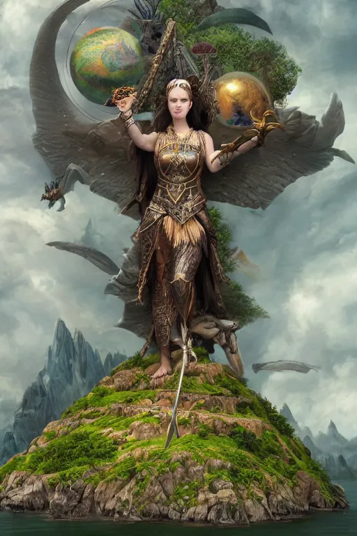 Image similar to A fantasy book style portrait painting of the Great Turtle Island at the center of the Universe, accompanied by a hybrid, Anya_Taylor-Joy, Cory Chase, Eva Green, as a Mystical Valkyrie, Anubis-Reptilian, Atlantean Warrior, François Boucher, Oil Painting, Crisp clear resolution, unreal 5, DAZ, hyperrealistic, octane render, Regal, Refined, Detailed Digital Art, RPG portrait, Walt Disney (1937), William-Adolphe Bouguereau, Michael Cheval, Steampunk, Volumetric Golden dappled dynamic lighting, Highly Detailed, Cinematic Lighting, Unreal Engine, HD, 8k, HD