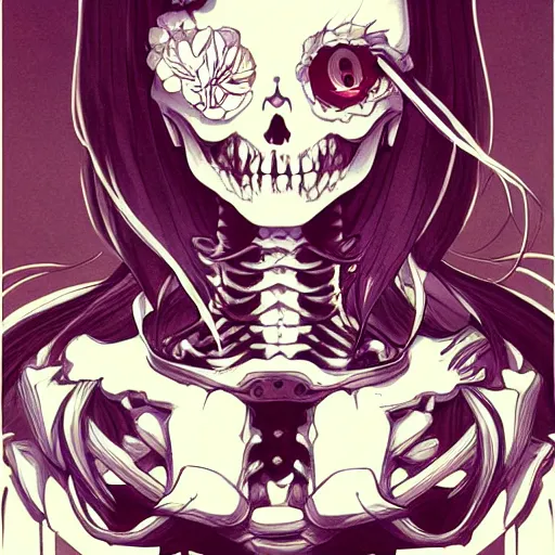 Image similar to anime manga skull portrait young woman skeleton, cuphead, steamboat willy, intricate, elegant, highly detailed, digital art, ffffound, art by JC Leyendecker and sachin teng