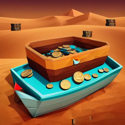 Image similar to boat in the dessert filled with coin and jewl collectables, game concept, low poly, horizontal view