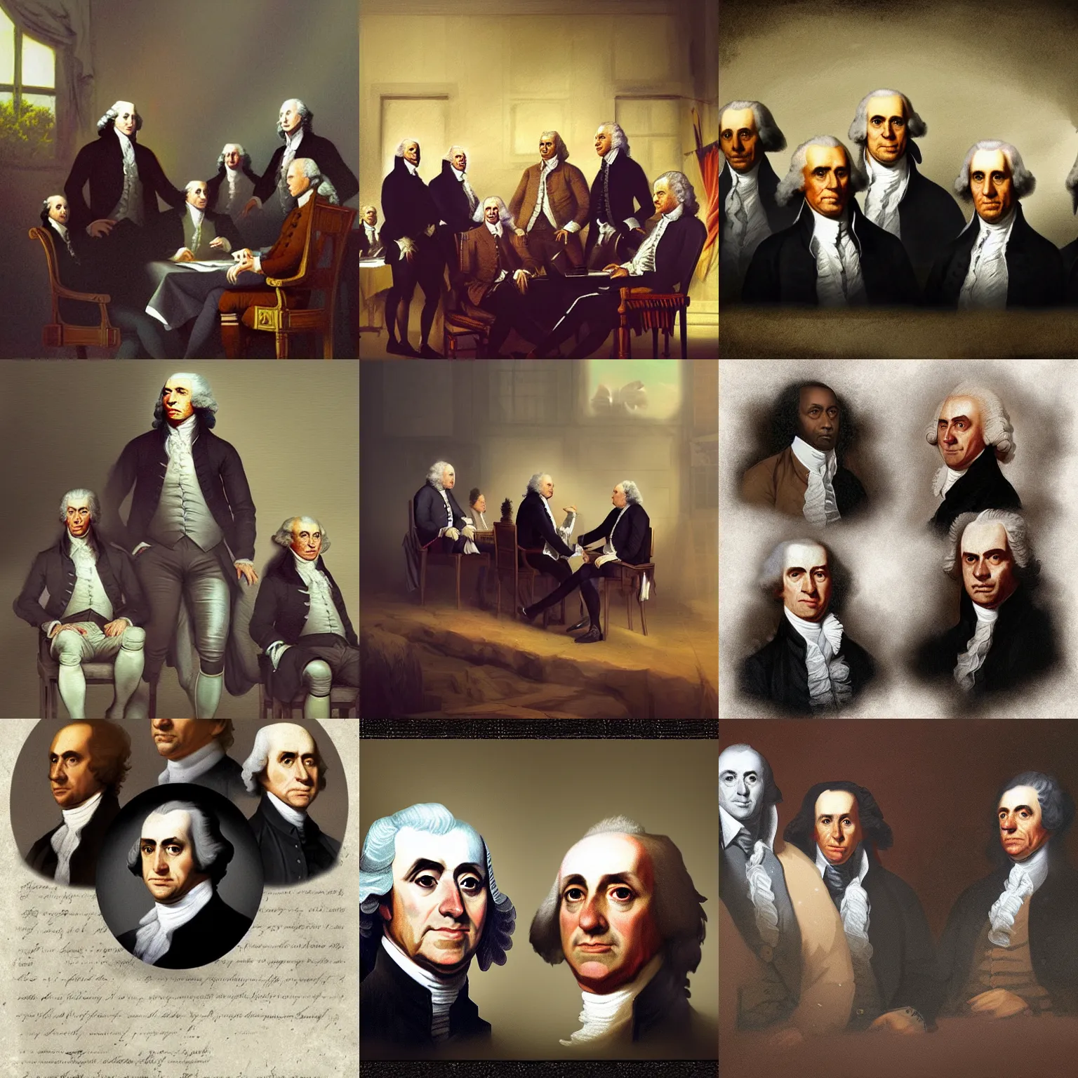 Prompt: digital art of the founding fathers. by greg rutkowski, trending on artstation, high quality artwork, emo style.