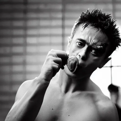 Image similar to B&W outtake from Fight Club where Tyler eats a choco taco