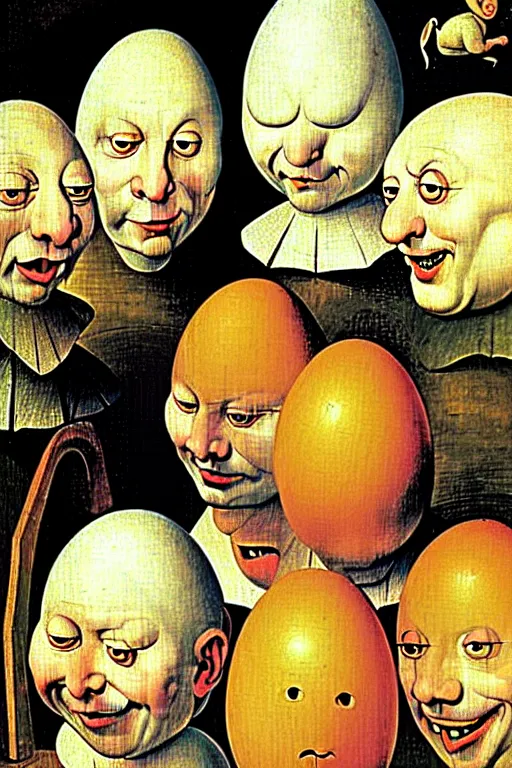 Image similar to egg heads with round humpty dumpty silly facial expressions, realistic, by hieronymus bosch and pieter brueghel